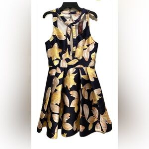 Gold and Black Floral Keyhole Satin Dress Floral Willa Dress MSRP $75